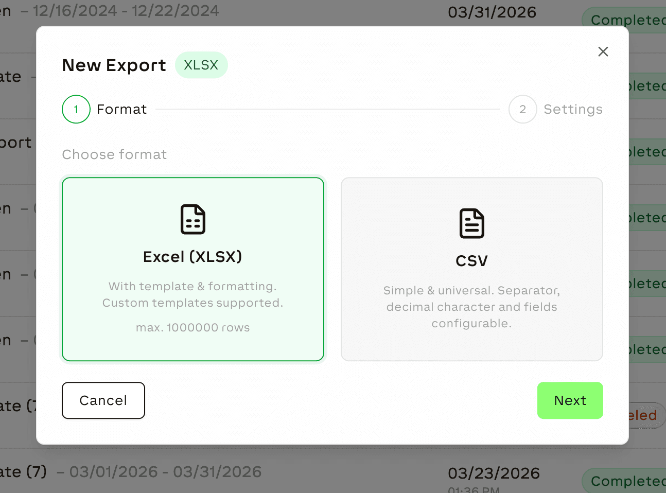 Format selection dialog