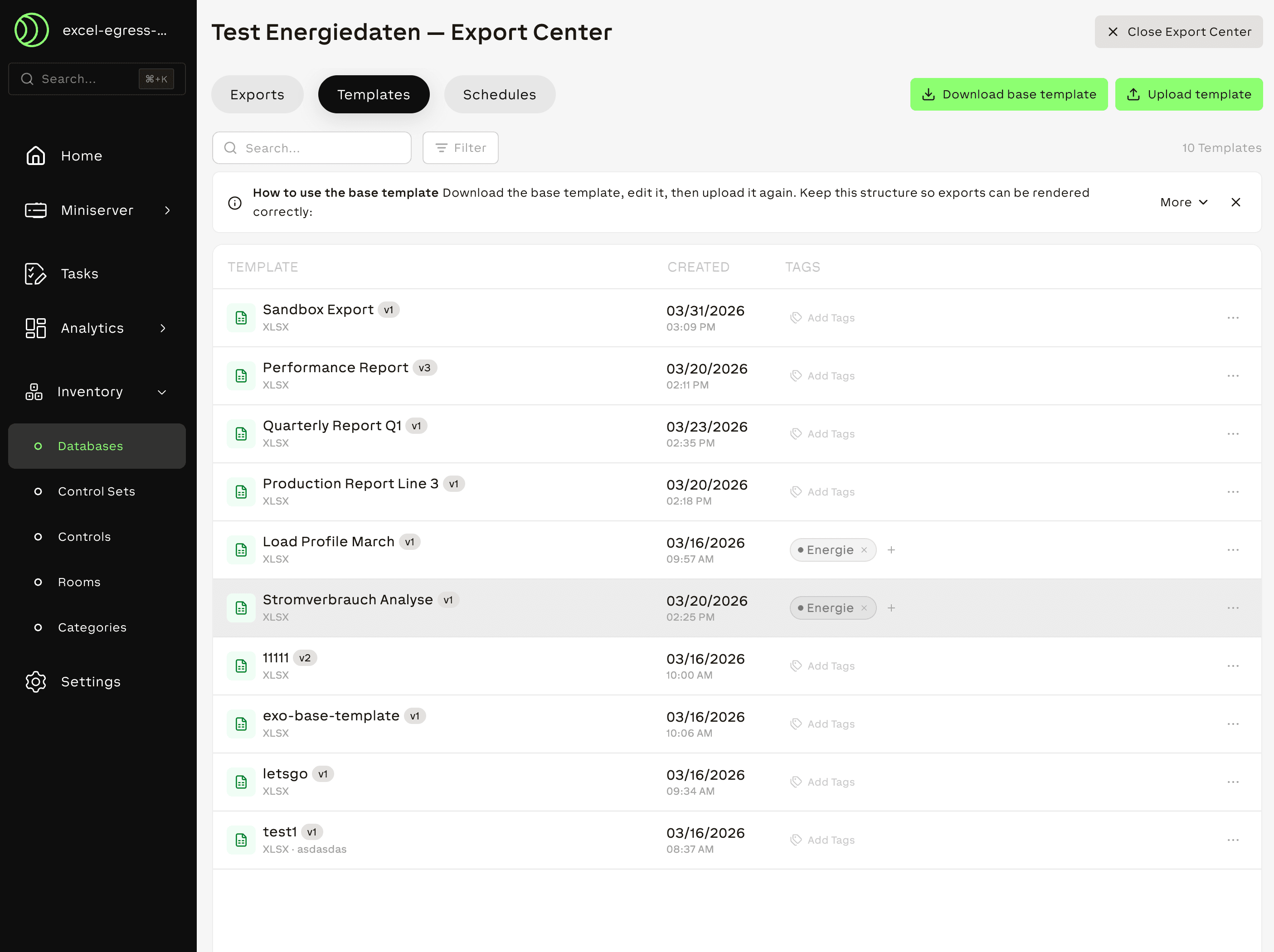 Export Center — Templates tab