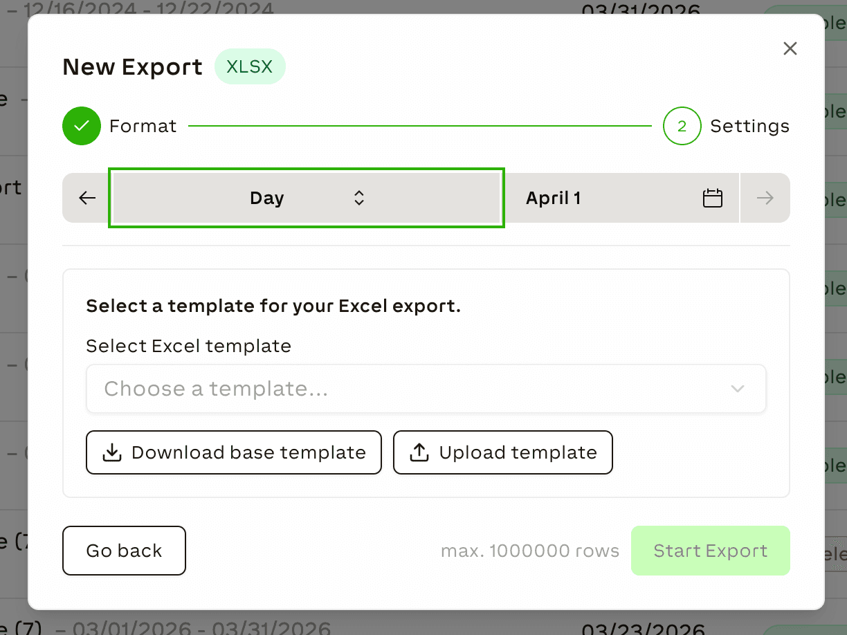 XLSX export settings with template selection