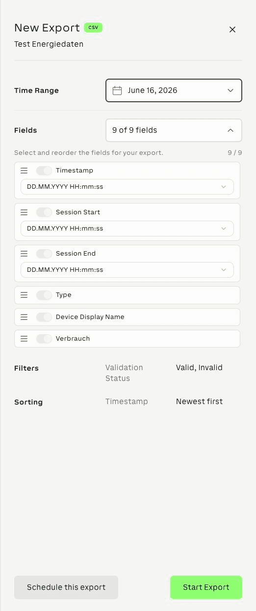 Database CSV export fields