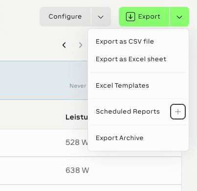 Database export action menu