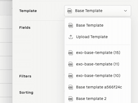 Database export template menu