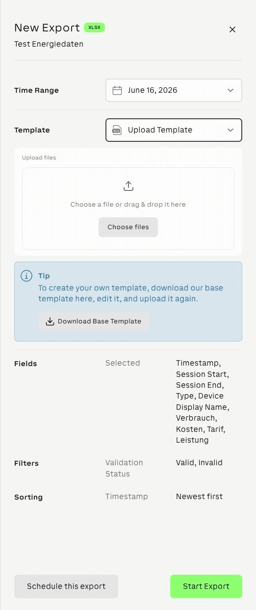 Database export template upload